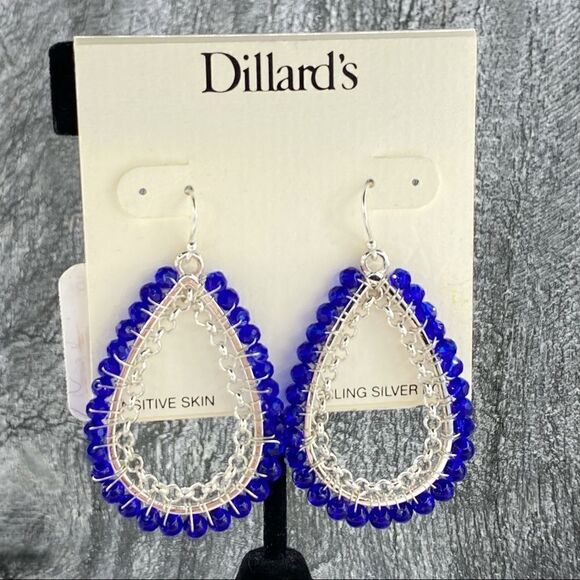 Dillard’s Beaded Drop Dangle Earrings Teardrop Blue Silver NWT - Picture 1 of 8